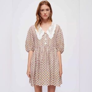 Maje Romelange Lace Collar Dress Puff Sleeves Linen‎ Blend NWT size 42/US XL